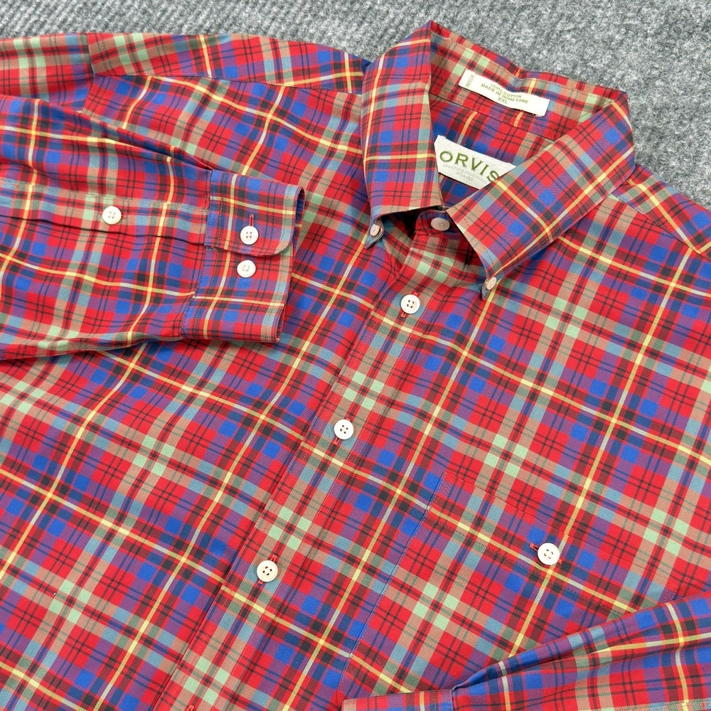 VTG Orvis Shirt Mens 2XL Red Blue Plaid Cotton Button Down Long Sleeve Hong Kong